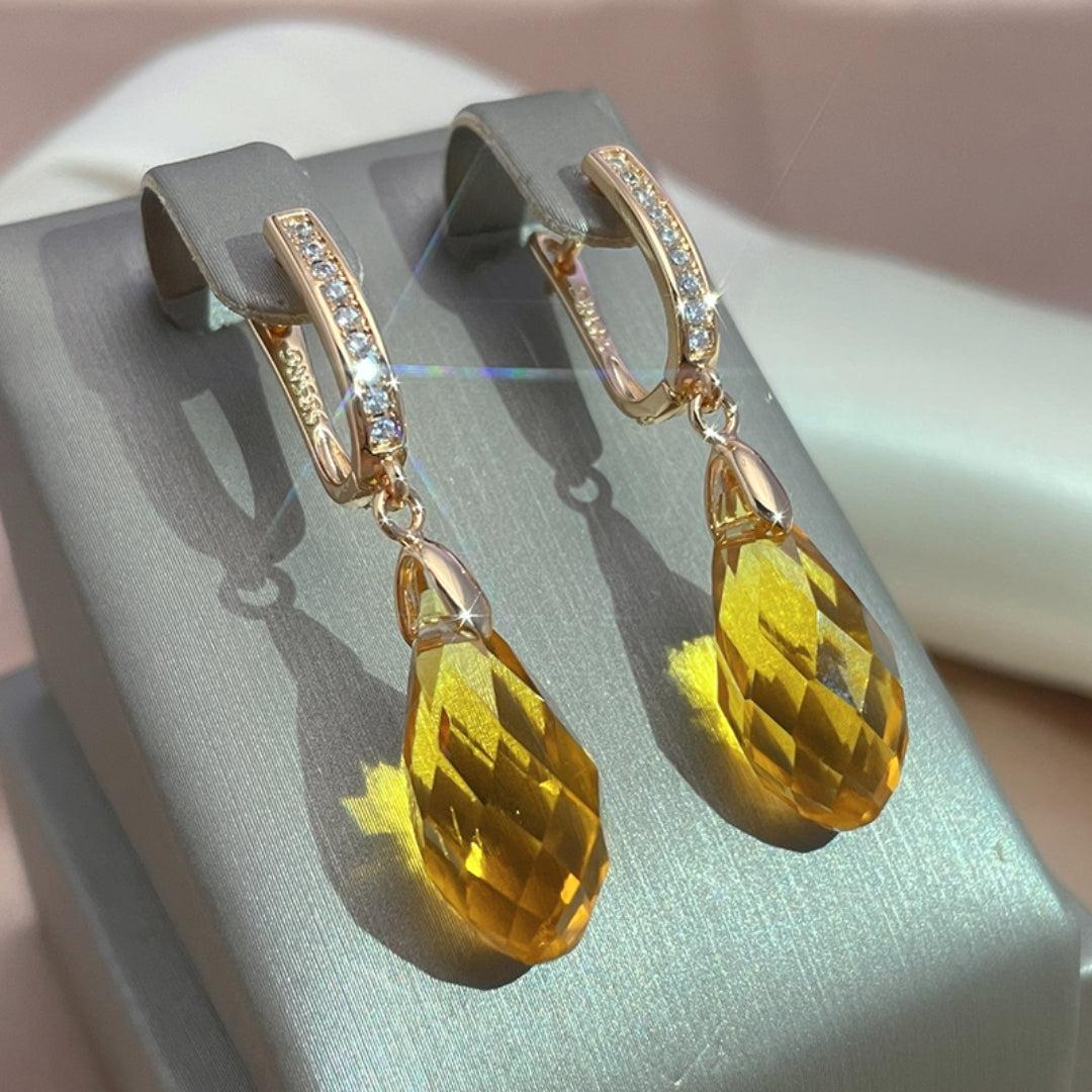 Yellow Crystal Drop Earrings in Gold