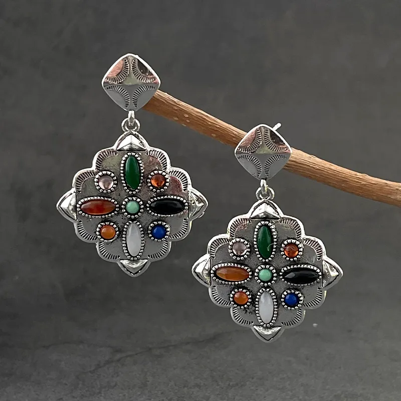 Vintage Colorful Stone Silver Earrings