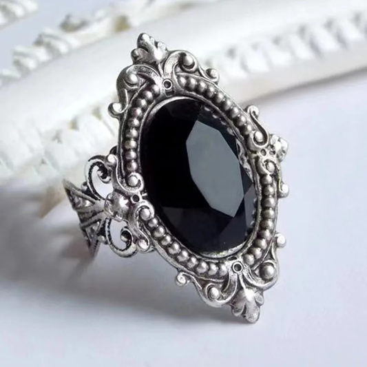 Boho Black Stone Ring in Silver