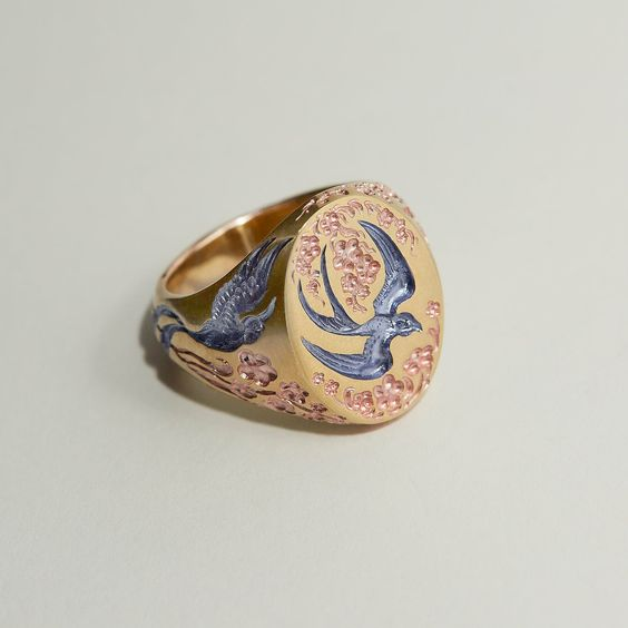 Vintage Blue Gold Hummingbird Ring