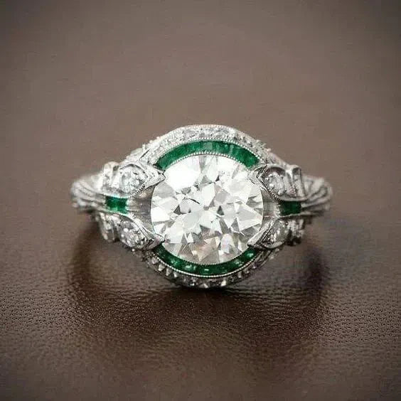 Vintage Green Glass White Zirconia Ring